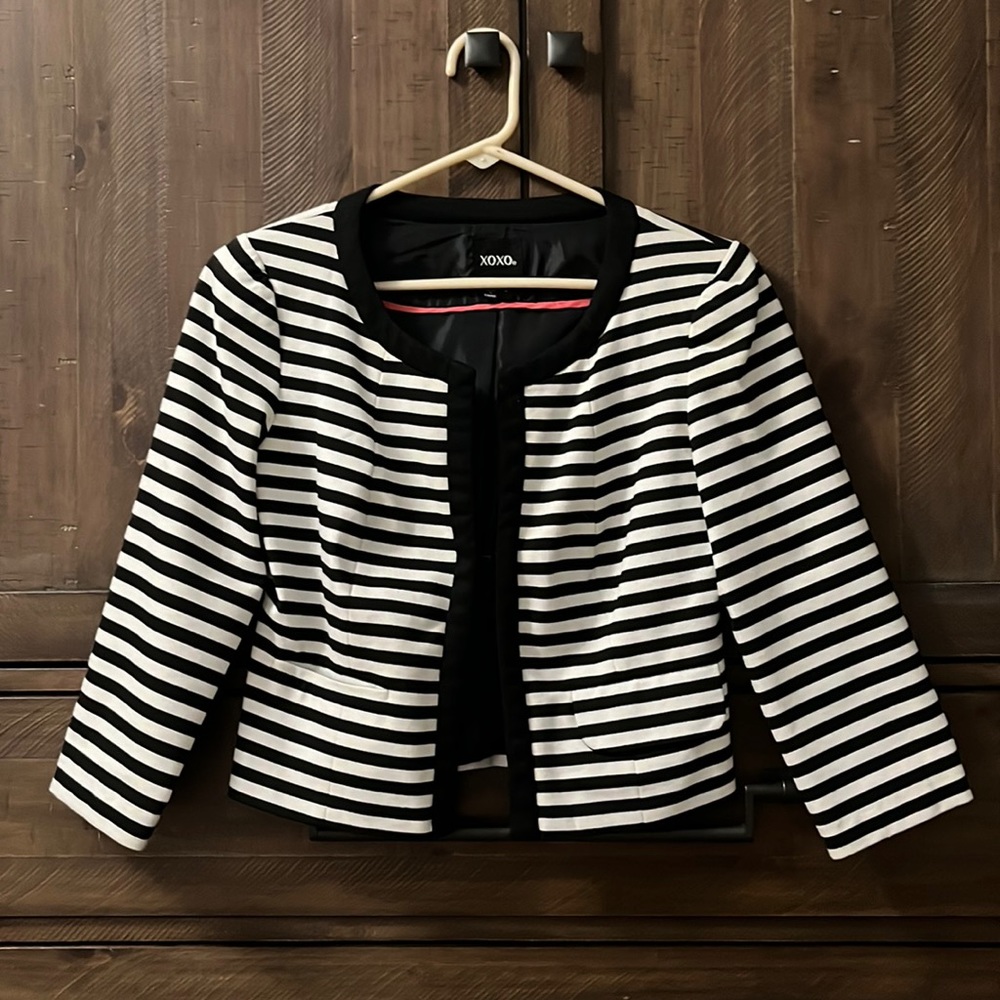 XOXO Cropped Blazer with black and white stripes